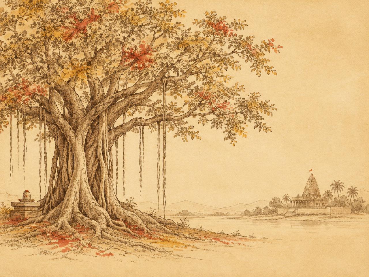 Ink and watercolour drawing of a banyan tree beside a village temple